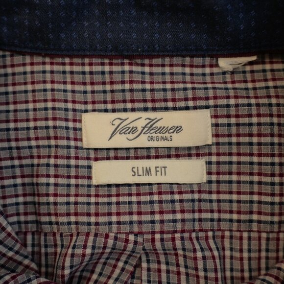 Van Heusen Slim‎ Fit Red Blue Gray Plaid Pocket Button Down Flip Cuff Large Long - Picture 11 of 13